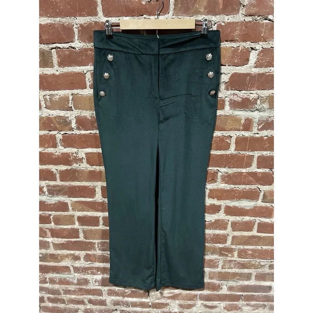 Anthropologie Maison d Amelie Womens Pants 6 Leg Green Velvet Gold Button